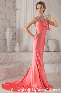 Watermelon Column Flower Straps Brush Train Beaded Prom Dress
