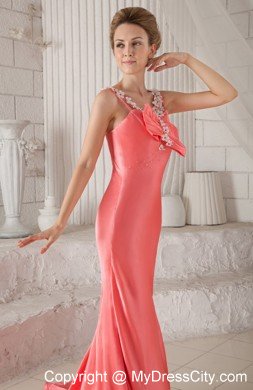 Watermelon Column Flower Straps Brush Train Beaded Prom Dress