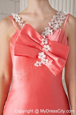 Watermelon Column Flower Straps Brush Train Beaded Prom Dress