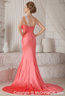 Watermelon Column Flower Straps Brush Train Beaded Prom Dress