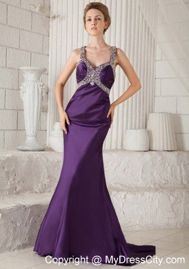Eggplant Purple Mermaid Straps Brush Train Beaded Prom Dress