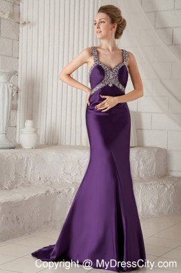 Eggplant Purple Mermaid Straps Brush Train Beaded Prom Dress