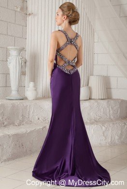 Eggplant Purple Mermaid Straps Brush Train Beaded Prom Dress