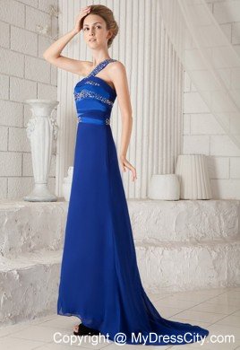 Blue One Shoulder Brush Train Beaded Cutout Back Prom Dress