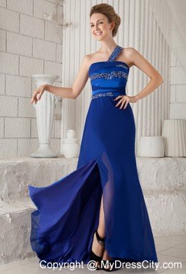 Blue One Shoulder Brush Train Beaded Cutout Back Prom Dress