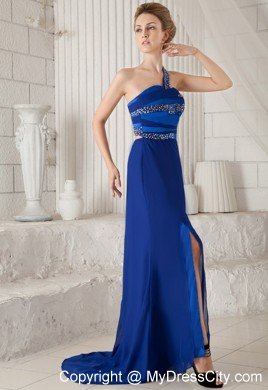 Blue One Shoulder Brush Train Beaded Cutout Back Prom Dress