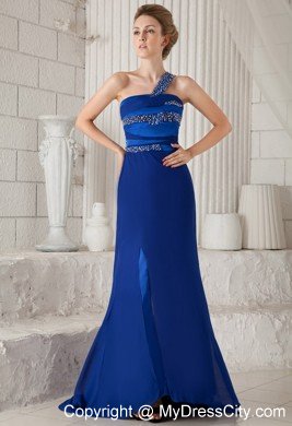 Blue One Shoulder Brush Train Beaded Cutout Back Prom Dress