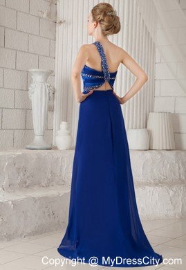 Blue One Shoulder Brush Train Beaded Cutout Back Prom Dress
