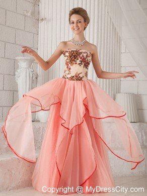 Watermelon Column Strapless Organza Appliques Dress for Prom