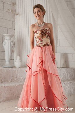 Watermelon Column Strapless Organza Appliques Dress for Prom