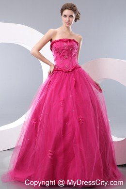 Unique Hot Pink A-line Strapless Long Prom Dress with Beading
