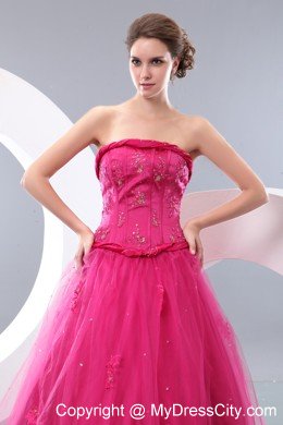 Unique Hot Pink A-line Strapless Long Prom Dress with Beading