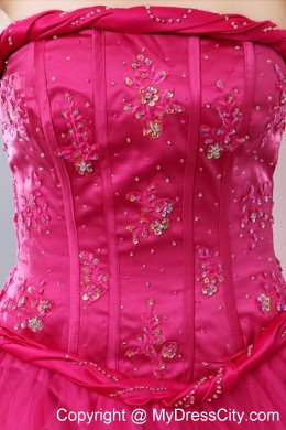 Unique Hot Pink A-line Strapless Long Prom Dress with Beading