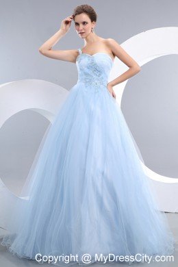 Beautiful Tulle Floor-length Baby Blue One Shoulder Prom Gown