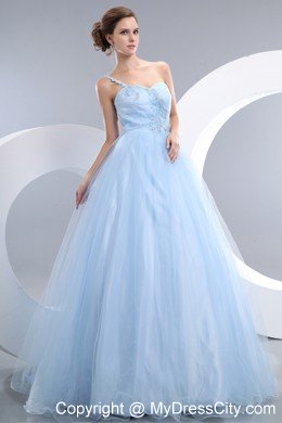 Beautiful Tulle Floor-length Baby Blue One Shoulder Prom Gown