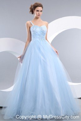 Beautiful Tulle Floor-length Baby Blue One Shoulder Prom Gown
