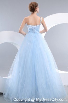 Beautiful Tulle Floor-length Baby Blue One Shoulder Prom Gown