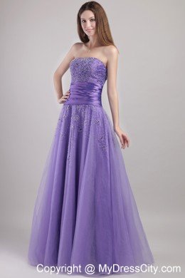 Lilac Tulle Empire Strapless Floor-length Beaded Prom Dress