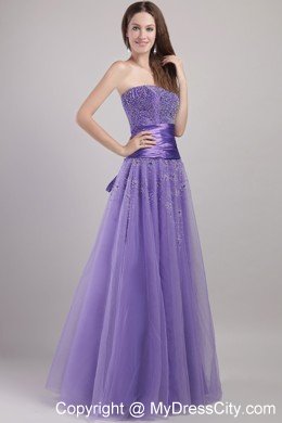 Lilac Tulle Empire Strapless Floor-length Beaded Prom Dress