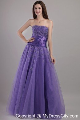 Lilac Tulle Empire Strapless Floor-length Beaded Prom Dress