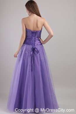 Lilac Tulle Empire Strapless Floor-length Beaded Prom Dress