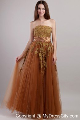 Empire Strapless Appliques Rust Red Prom Dress Floor-length Tulle