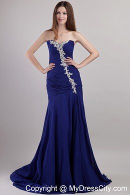 Blue Sweetheart Appliques Prom Dress with Chapel Train Chiffon