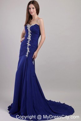 Blue Sweetheart Appliques Prom Dress with Chapel Train Chiffon