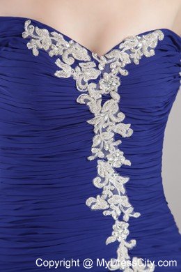 Blue Sweetheart Appliques Prom Dress with Chapel Train Chiffon