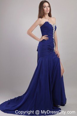 Blue Sweetheart Appliques Prom Dress with Chapel Train Chiffon