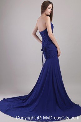 Blue Sweetheart Appliques Prom Dress with Chapel Train Chiffon