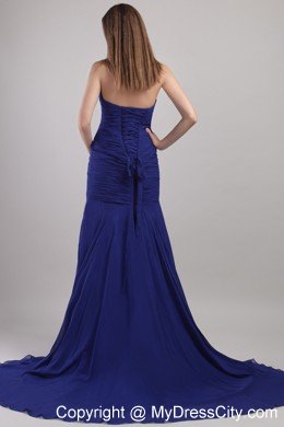 Blue Sweetheart Appliques Prom Dress with Chapel Train Chiffon
