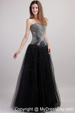Net Beading Prom Dress Black Column Strapless Floor-length