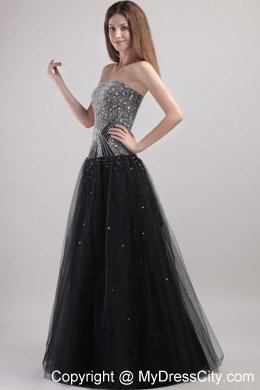 Net Beading Prom Dress Black Column Strapless Floor-length