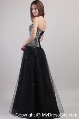 Net Beading Prom Dress Black Column Strapless Floor-length