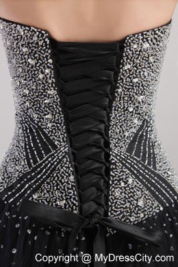 Net Beading Prom Dress Black Column Strapless Floor-length