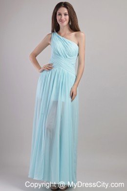 One Shoulder Light Blue Ankle-length Prom Dress with Ruche