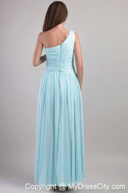 One Shoulder Light Blue Ankle-length Prom Dress with Ruche