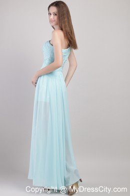 One Shoulder Light Blue Ankle-length Prom Dress with Ruche