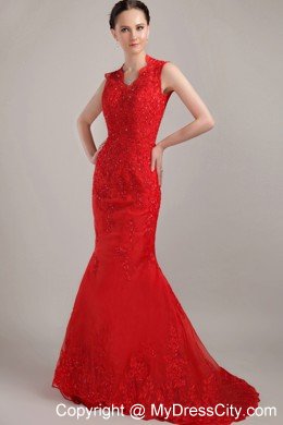 Mermaid V-neck Red Brush Lace Prom Dress Straps Zipper-up