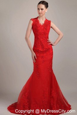 Mermaid V-neck Red Brush Lace Prom Dress Straps Zipper-up