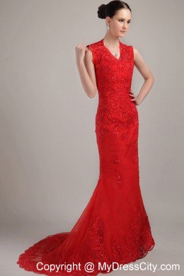 Mermaid V-neck Red Brush Lace Prom Dress Straps Zipper-up