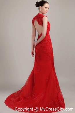 Mermaid V-neck Red Brush Lace Prom Dress Straps Zipper-up