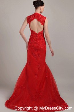 Mermaid V-neck Red Brush Lace Prom Dress Straps Zipper-up