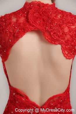 Mermaid V-neck Red Brush Lace Prom Dress Straps Zipper-up