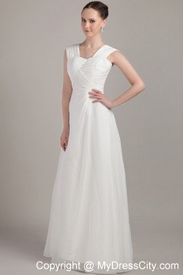 Straps White Empire Floor-length Chiffon Ruche Prom Dress