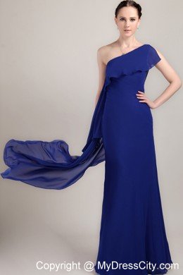 One Shoulder Blue Column Floor-length Chiffon Prom Dress