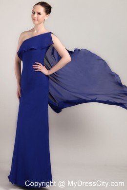 One Shoulder Blue Column Floor-length Chiffon Prom Dress