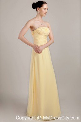 Light Yellow Column Strapless Floor-length Prom Dress Chiffon Ruche