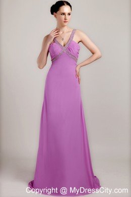 Lavender V-neck with Brush Train Beading and Ruche Prom Dress